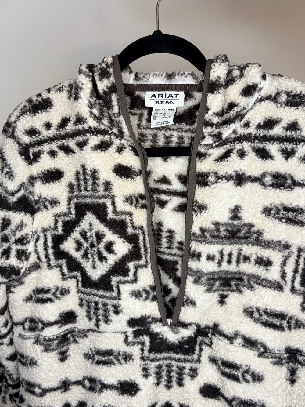 Ariat Real Berber Aztec Hooded Pullover Cream&Brown Fleece Half Zip Jacket Med - Picture 6 of 9